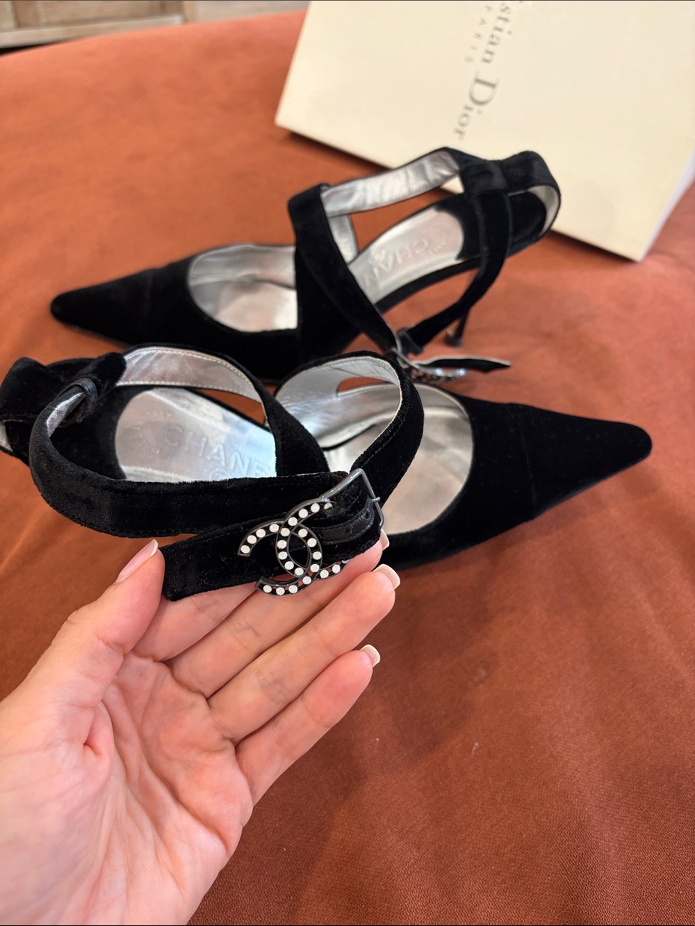 CHANEL Black Velvet CC Jeweled Pointy Strappy Pumps Italy sz 38